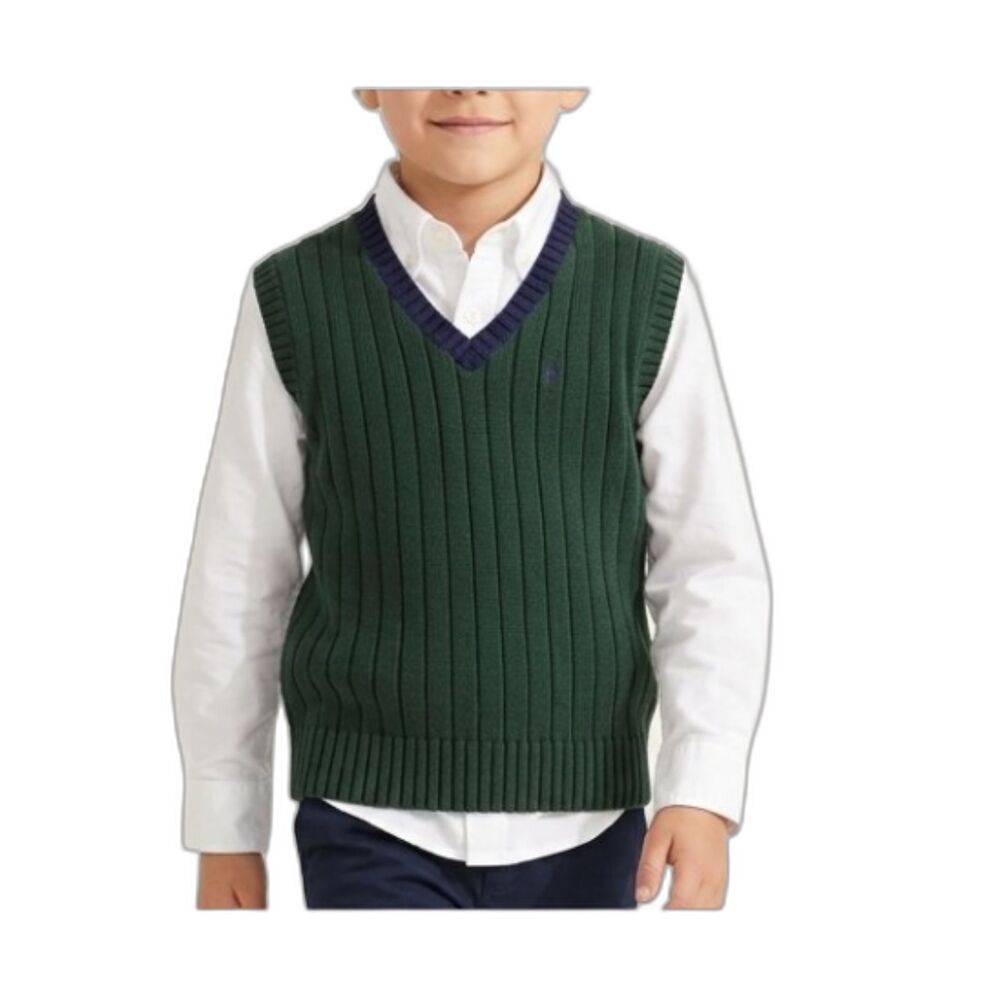 Vintage Polo Ralph Lauren Boys Ribbed Sweater Vest Hunter Green Navy Size 7